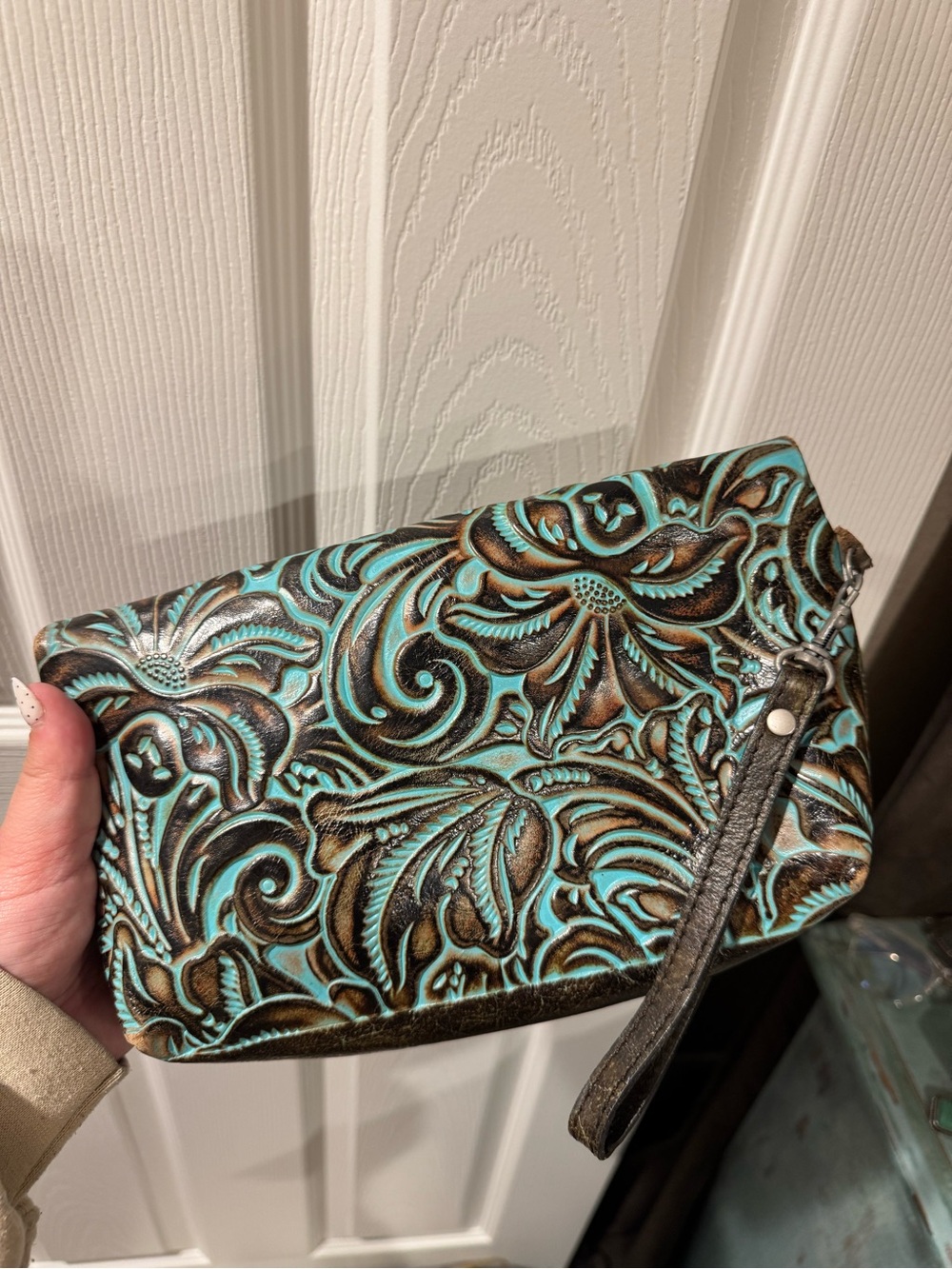 Patricia Nash Turquoise and Brown Tooled Floral Wristlet Clutch